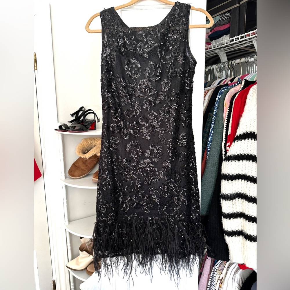Teri Jon by Rickie Freeman Feather Hem Beaded Dress